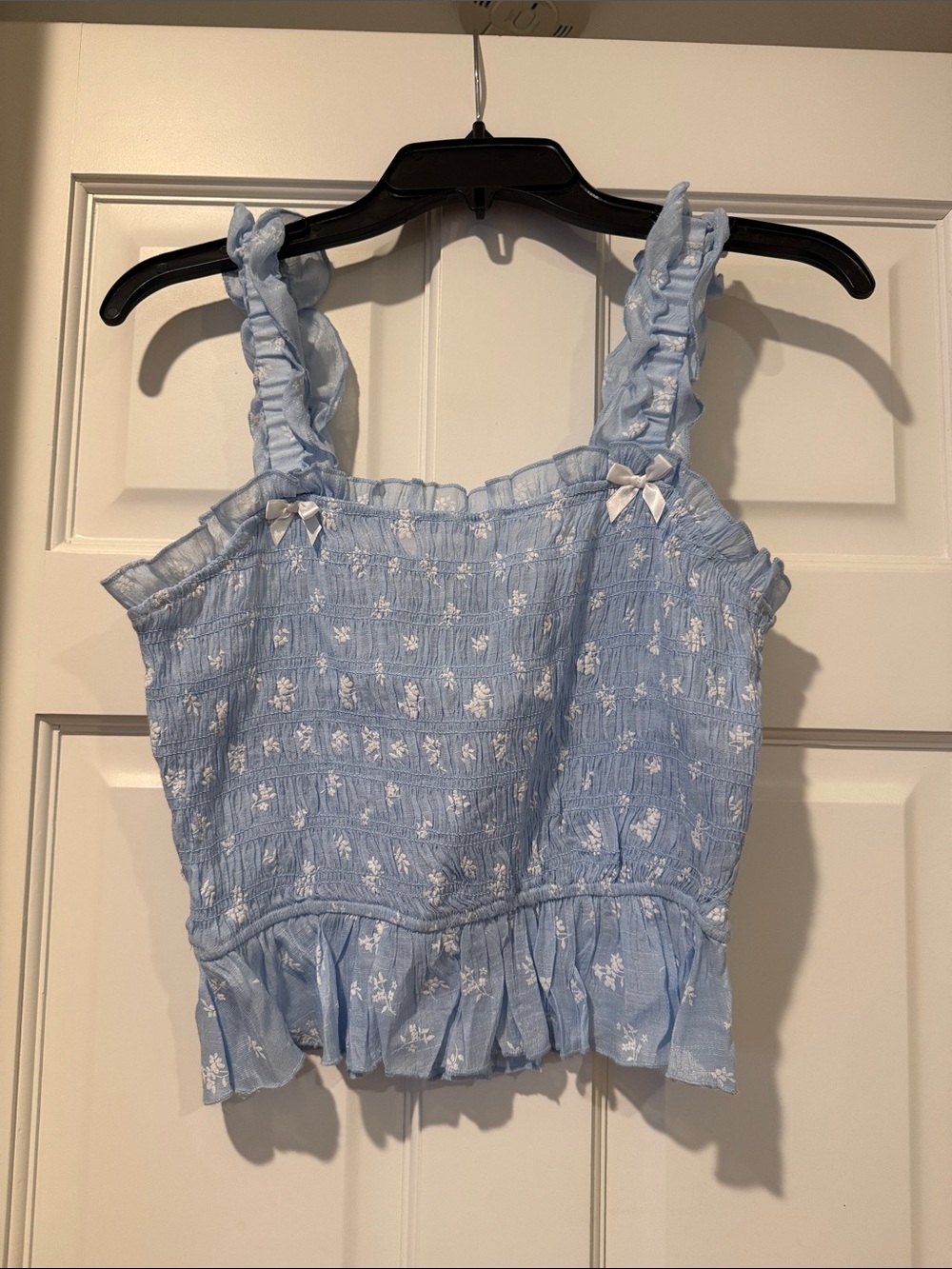 Smocked Light Blue Floral Ruffle Tank Top - Kids
